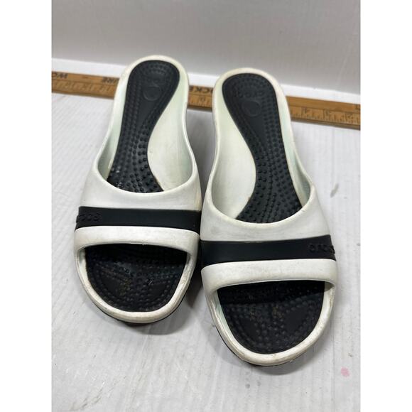 Crocs Womens Sassari Comfort Slip On Slide White Black Wedge Sandals Size 9 - Picture 1 of 5